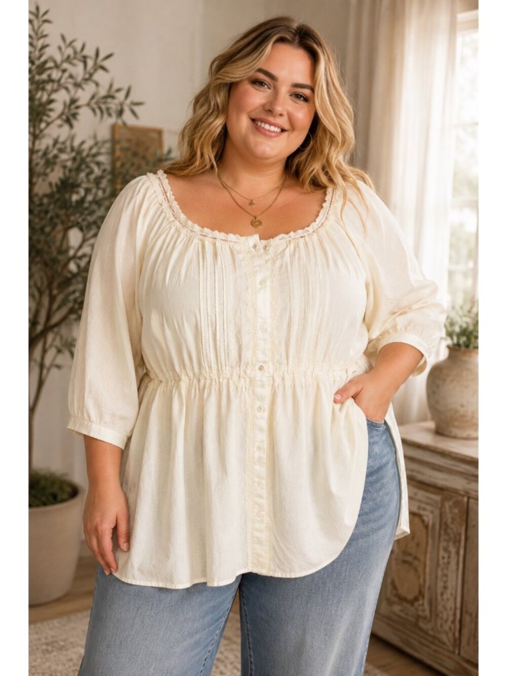 Art and Soul Ivory Peasant Tunic Top 2X Boho Cottagecore Cotton Blouse
